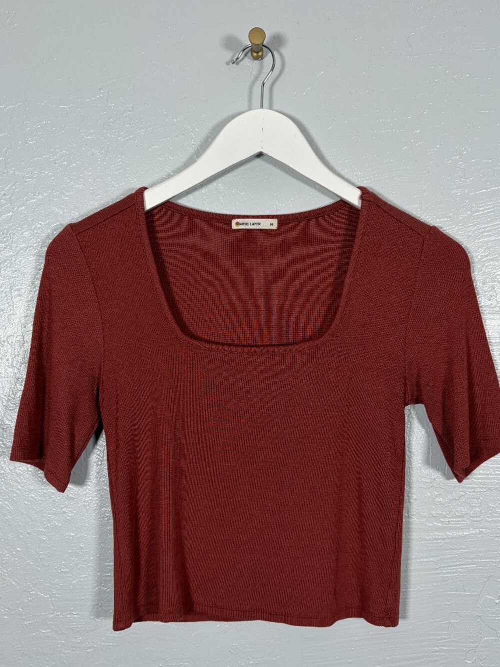 Marine Layer Women M Brown Lexi Rib Square Neck Shirt Short Sleeve Cropped